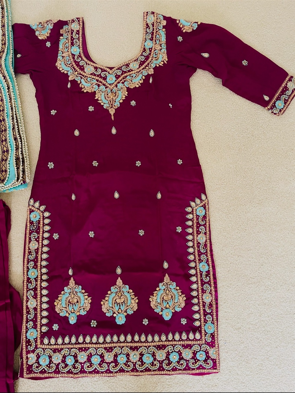 Elegant Maroon & Teal Embroidered Women Salwar Suit 3 piece Indian suit